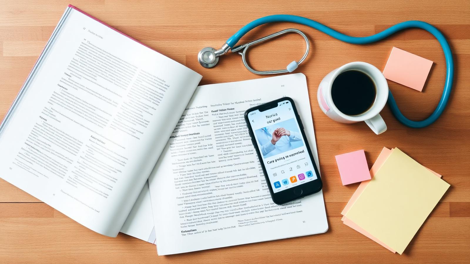 A nursing textbook, stethoscope, coffee, and smartphone arranged on a wooden desk
