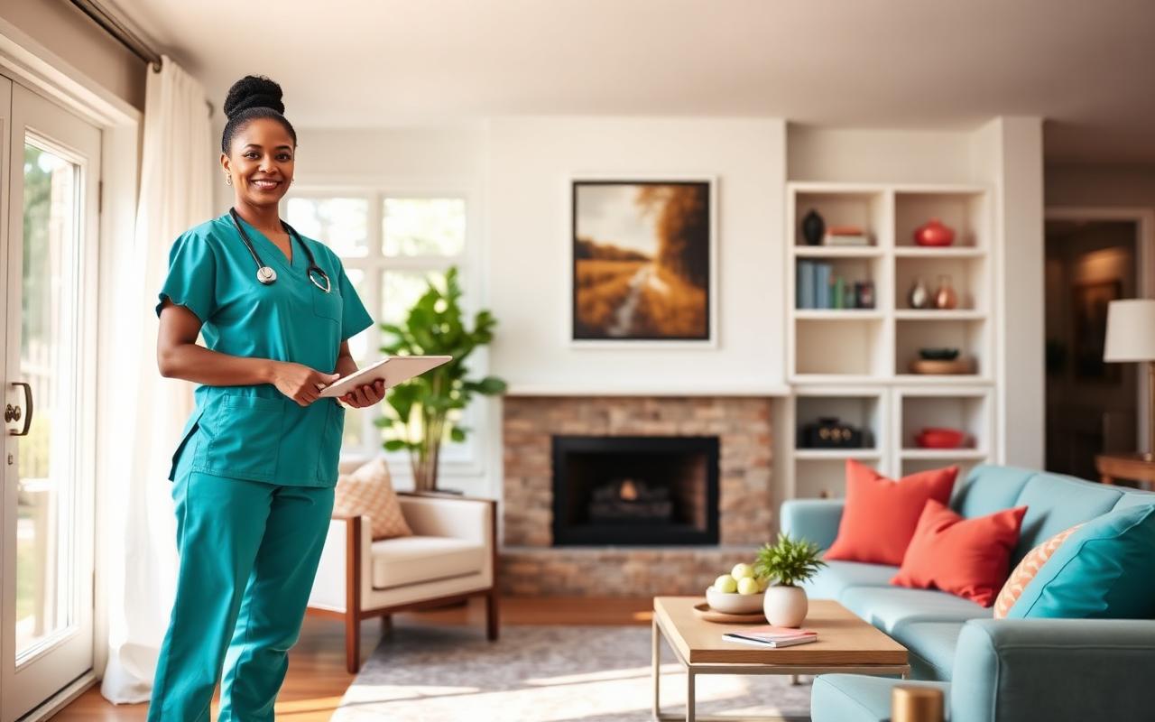A smiling nurse in teal scrubs standing in a bright modern Northern Virginia living room