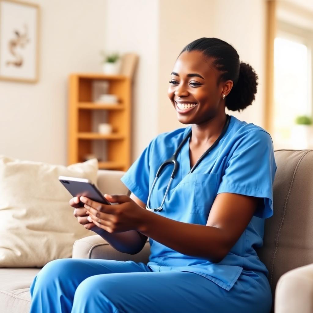 A smiling CNA in blue scrubs sitting on a couch checking her phone