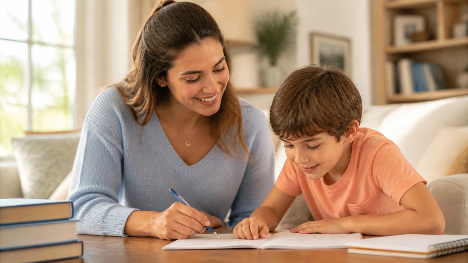 A college-aged caregiver studying with a young child at a kitchen table