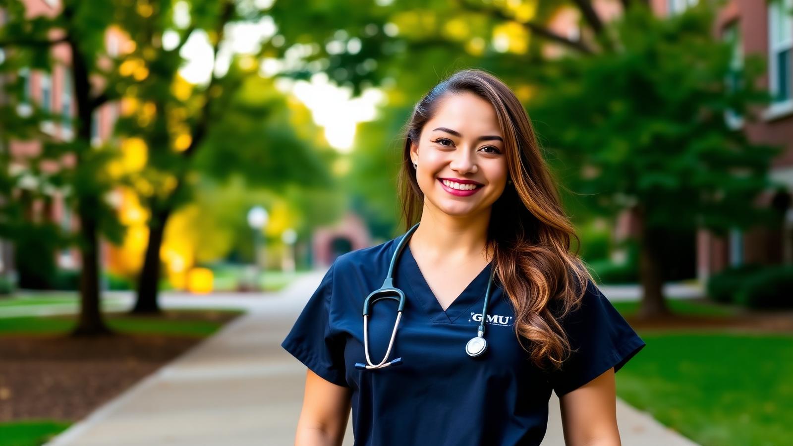 A smiling GMU nursing graduate in scrubs standing on a tree-lined campus path