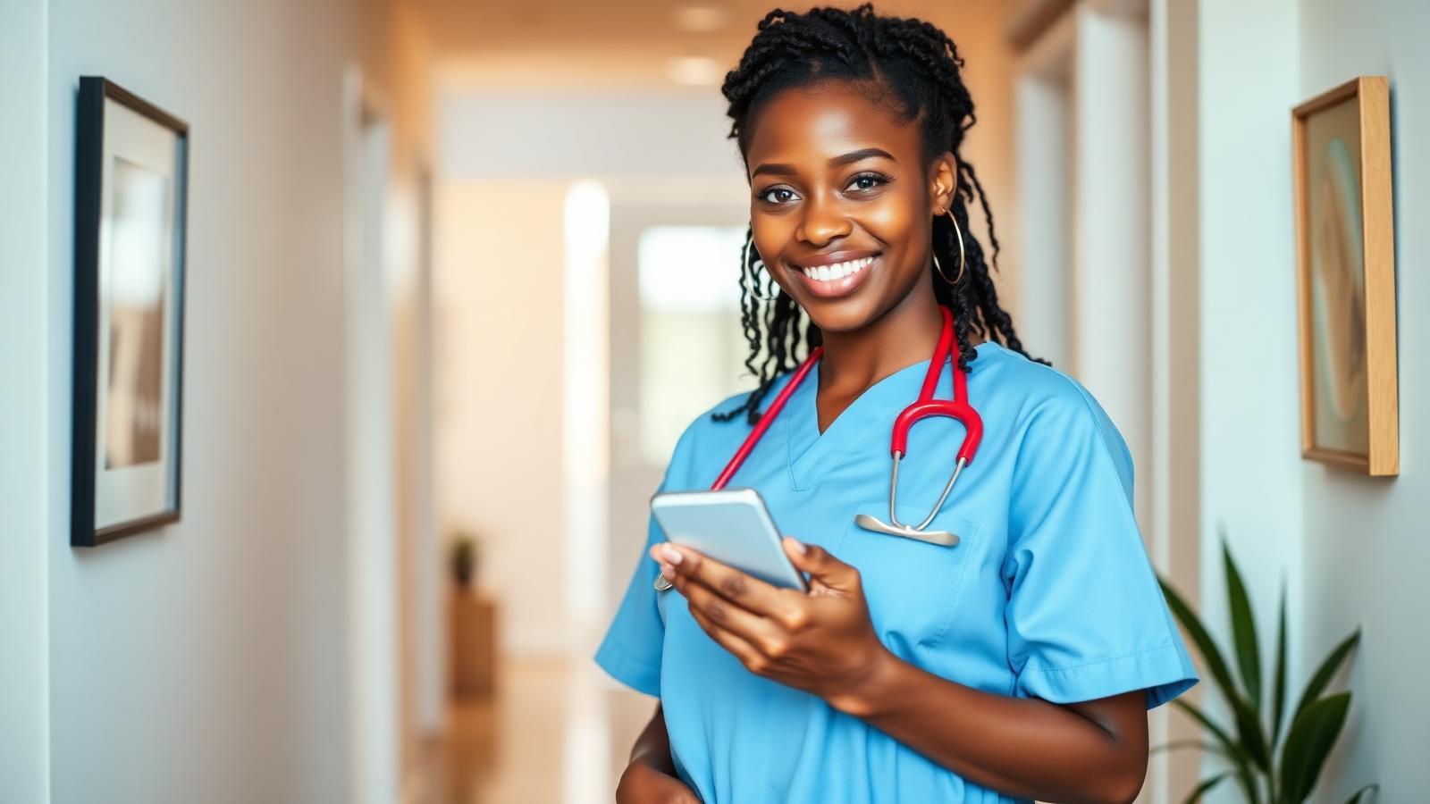 A smiling NOVA nursing alum in blue scrubs checking the CareFinder app in a softly lit home hallway