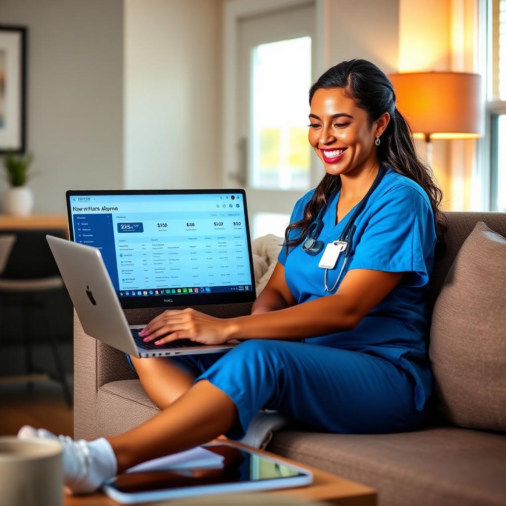 A NOVA nursing alumna in blue scrubs smiling while reviewing the CareFinder dashboard on a laptop
