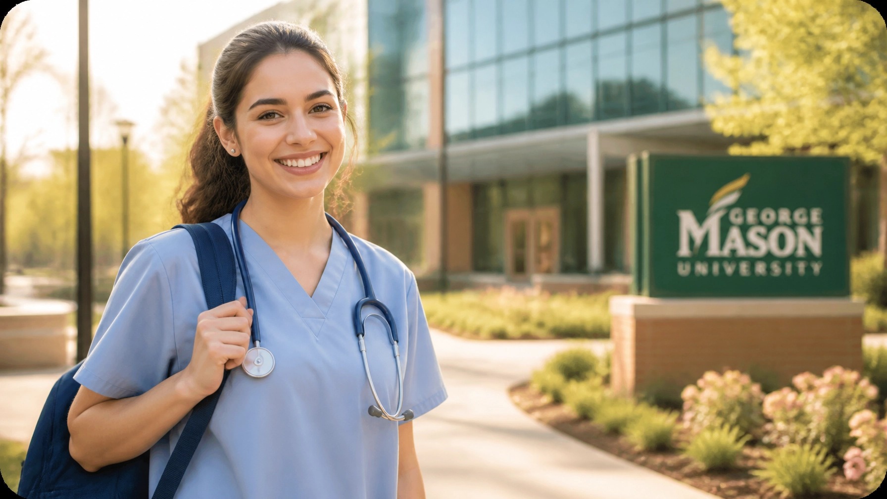 A nursing student in scrubs standing in front of a George Mason University sign