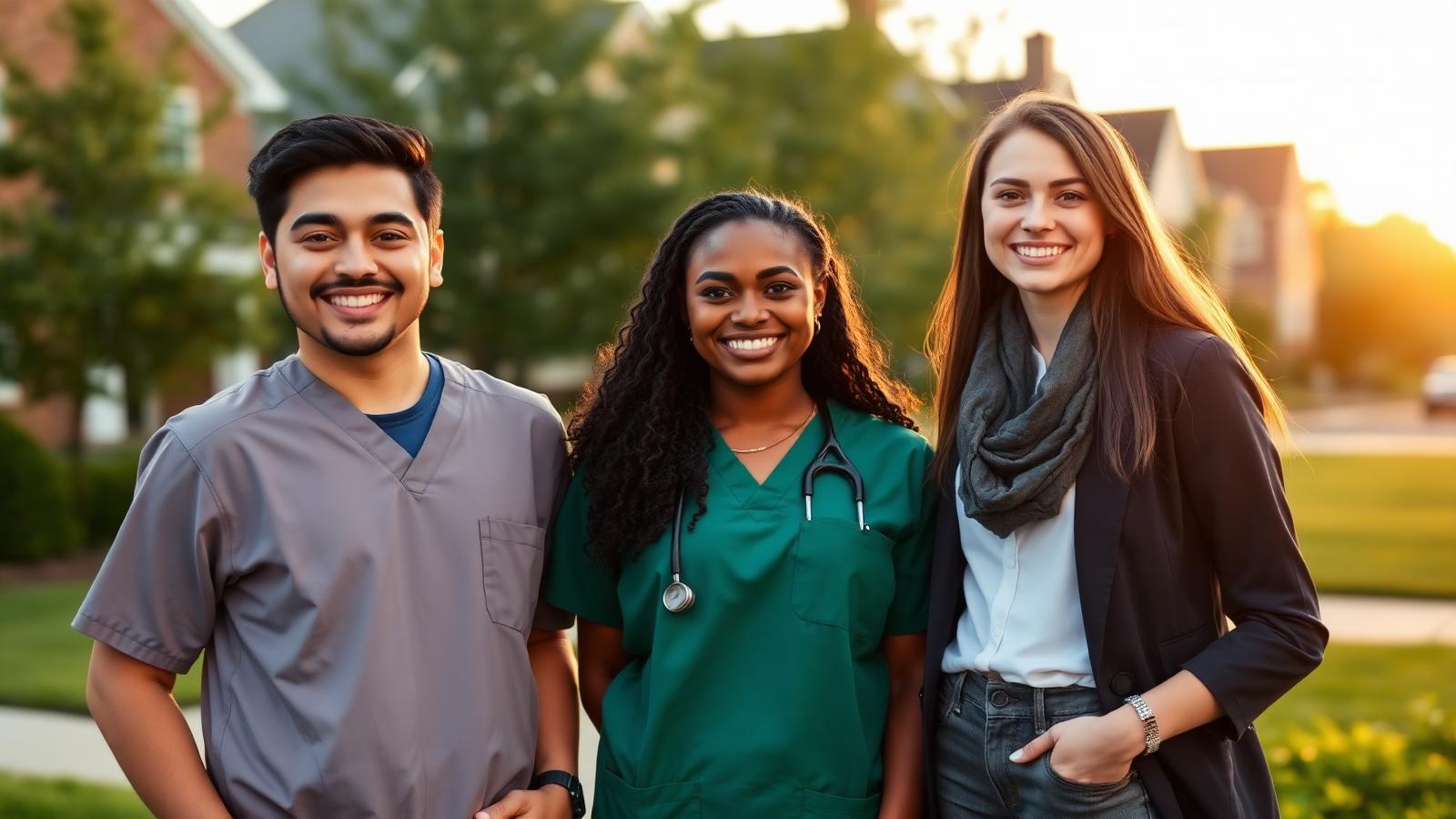 Three diverse smiling healthcare workers standing together in a Northern Virginia neighborhood at golden hour