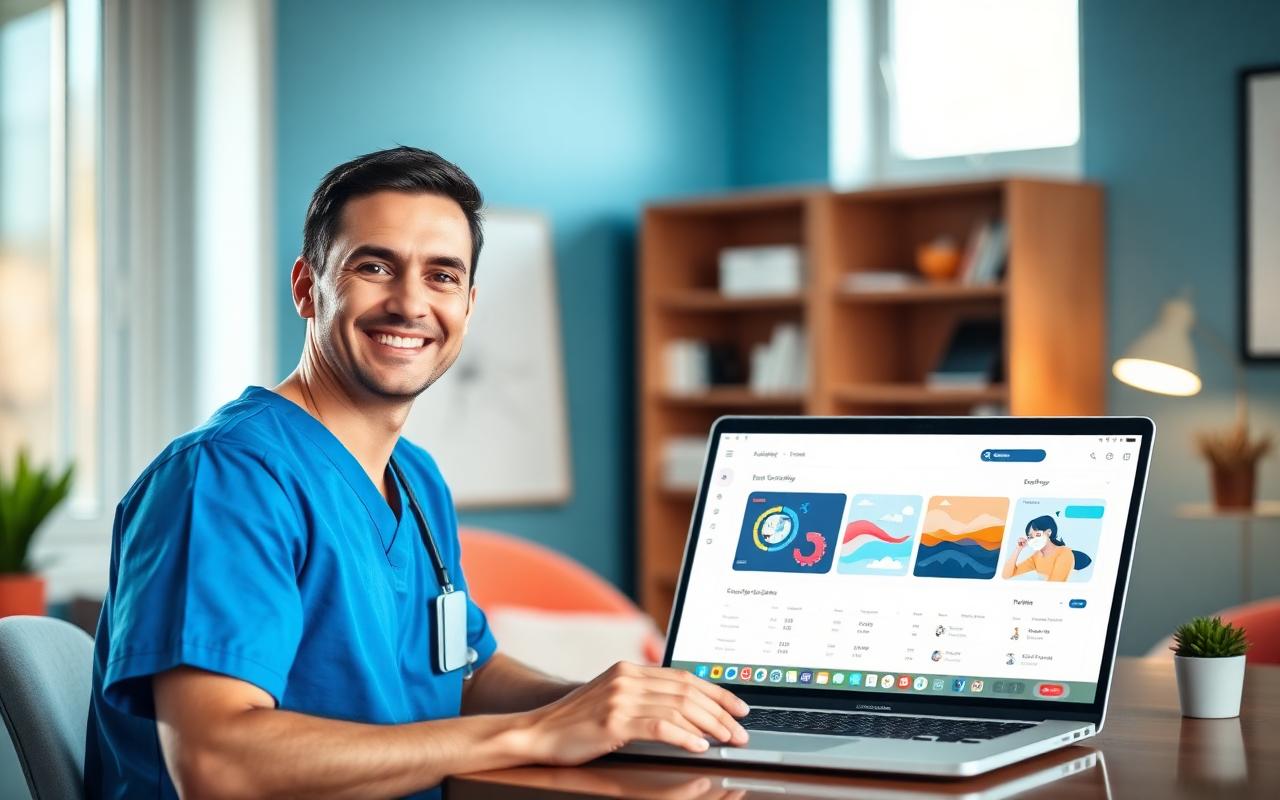 A smiling nurse in blue scrubs at a desk with a laptop showing the CareFinder dashboard