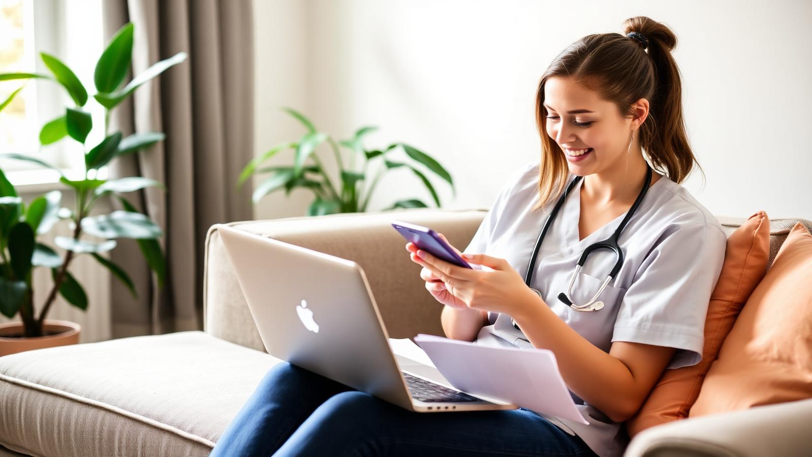 A relaxed nursing student in scrubs reviewing her schedule on a phone in a sunlit living room